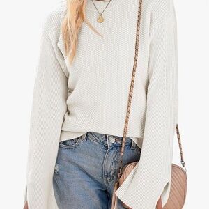 Women’s Knit Chunky Long Slit Sleeve Pullover Sweater Beige Large